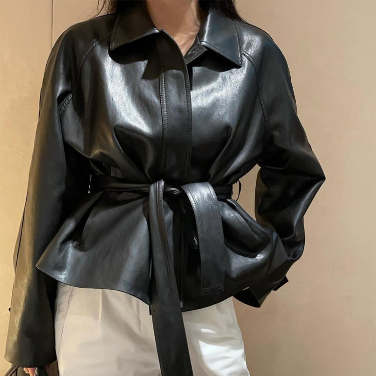 Women's Tailorable Faux Leather Jacket with Wrap Belt and Boxy Silhouette Amarae