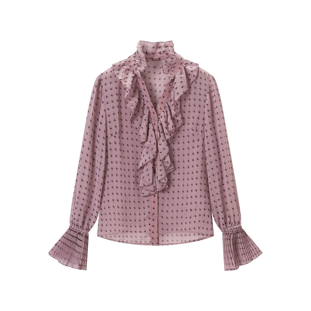 Women's chiffon blouse with ruffled collar, tie scarf and pleated bell sleeves Amarae