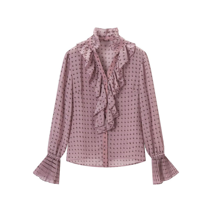 Women's chiffon blouse with ruffled collar, tie scarf and pleated bell sleeves Amarae