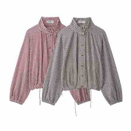 Women’s check blouse with stand-up collar, button closure and drawstring hem Amarae
