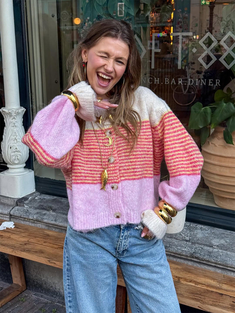 Women's Short Knit Cardigan made of Mohair Blend with Stripes, Button Placket and Balloon Sleeves Amarae