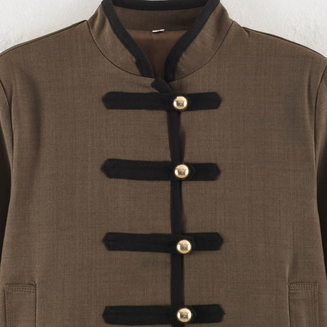 Women's short jacket in Mandarin style with decorative bow knots and contrast trim Amarae
