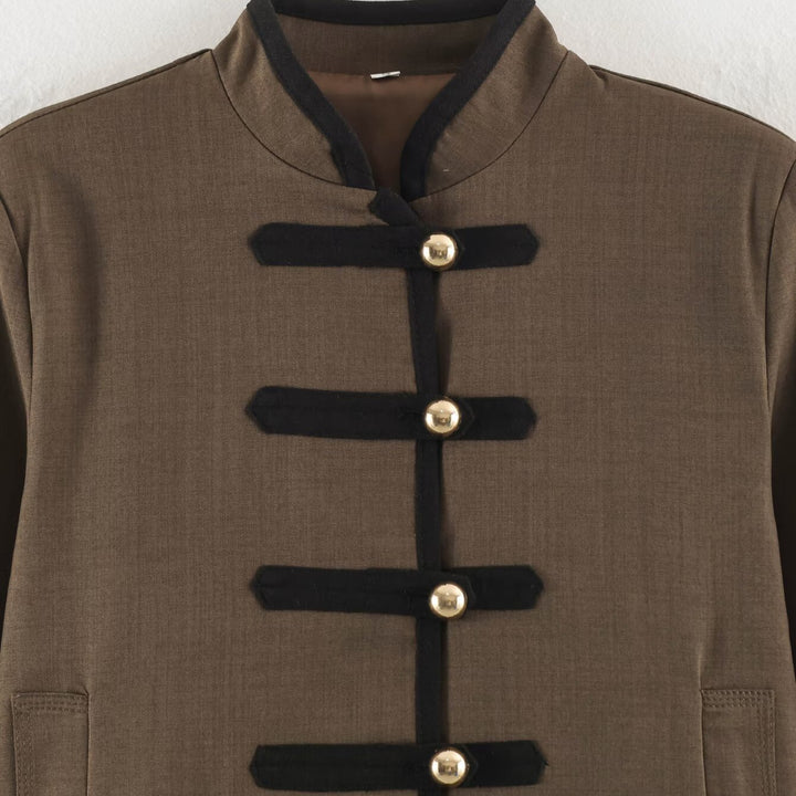Women's short jacket in Mandarin style with decorative bow knots and contrast trim Amarae