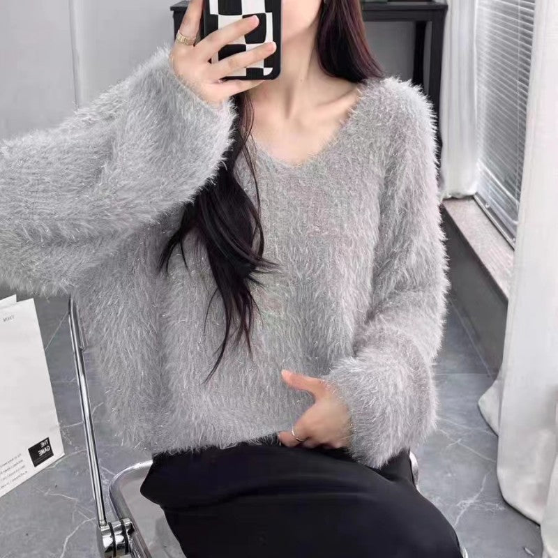 Pull V-neck pour femmes en tricot douillet avec fil à paillettes Chic & Stil