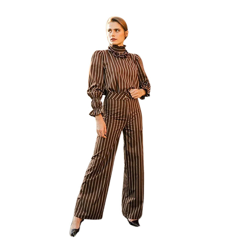 Striped suit set for women with voluminous sleeves and gathered details Lune London