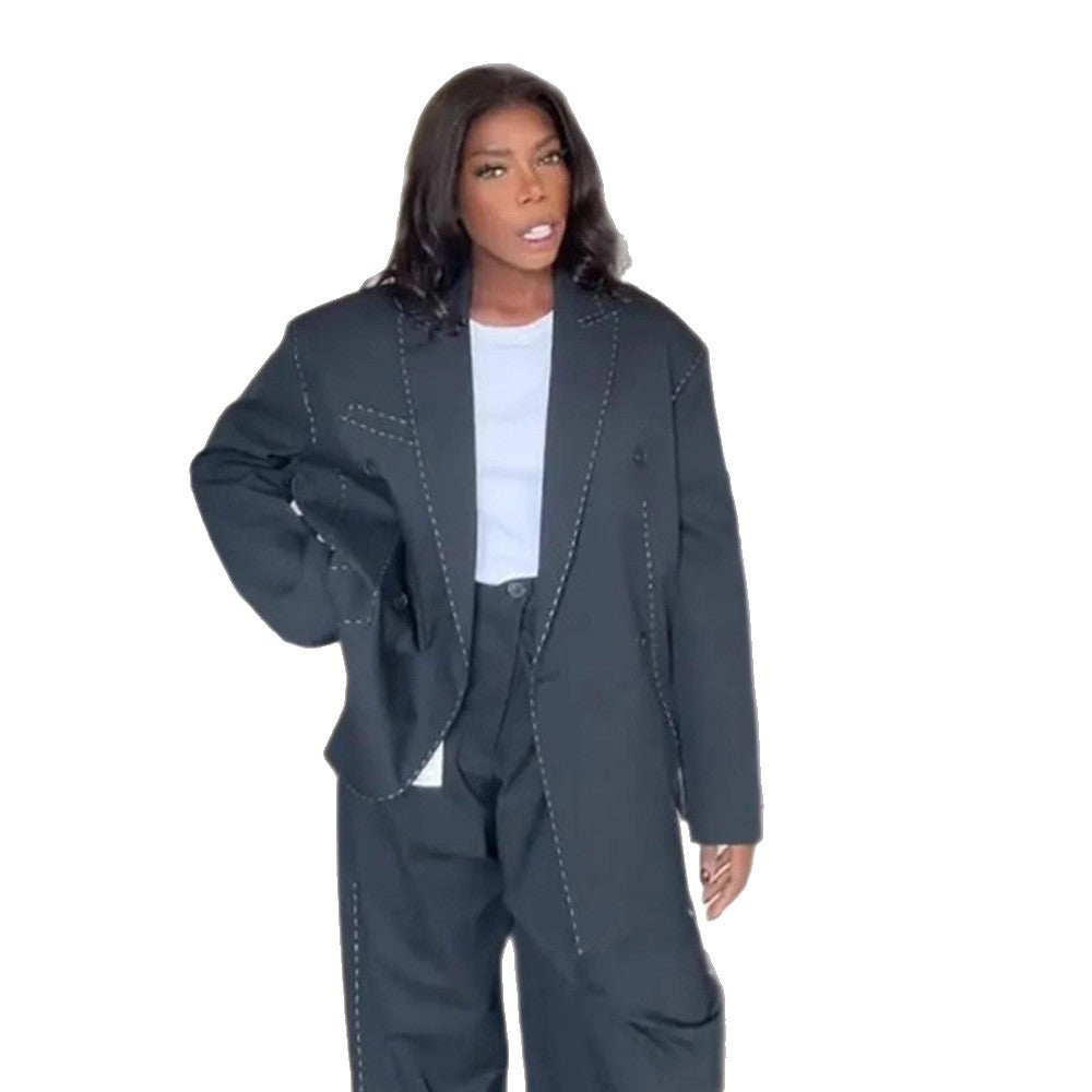 Women Oversized Two-Piece Boxy Blazer and Wide Pleated Trousers with Decorative Stitching Amarae