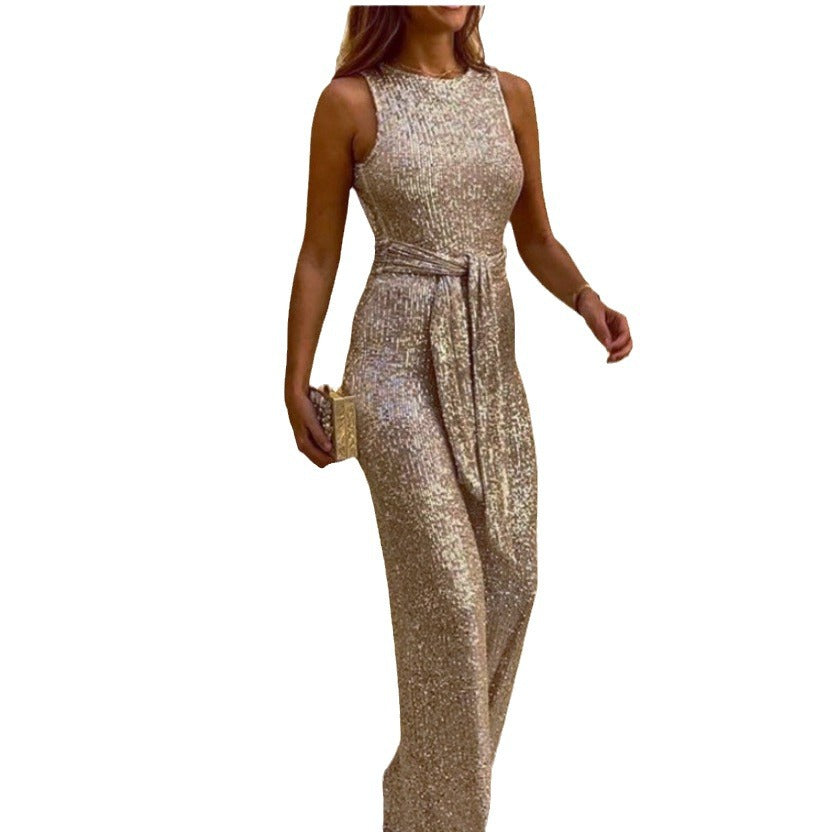 Women's Glamorous Maxi Dress with Shiny Sequin Trim and Elegant Waist Tie