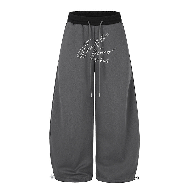 Women's Wide Culotte Sweatpants with High Waist, Drawstring, and Elegant Script Print