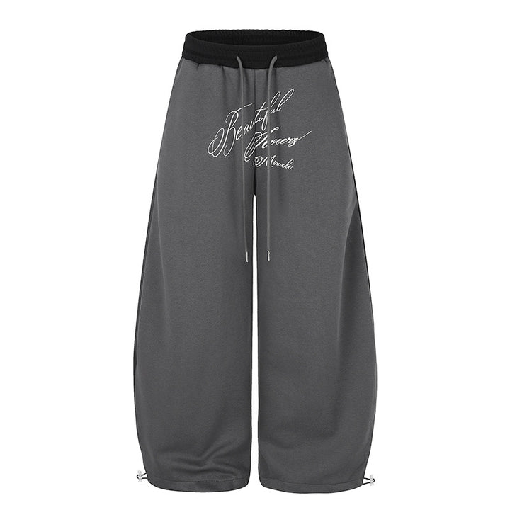 Women's Wide Culotte Sweatpants with High Waist, Drawstring, and Elegant Script Print