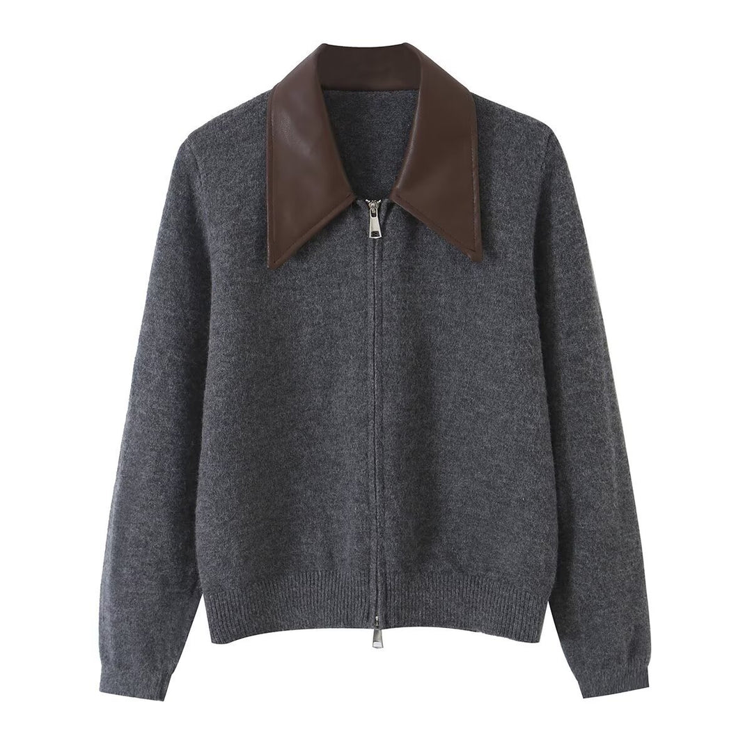 Women Short Wool Blend Cardigan with Zipper and Contrasting Faux Leather Collar Amarae