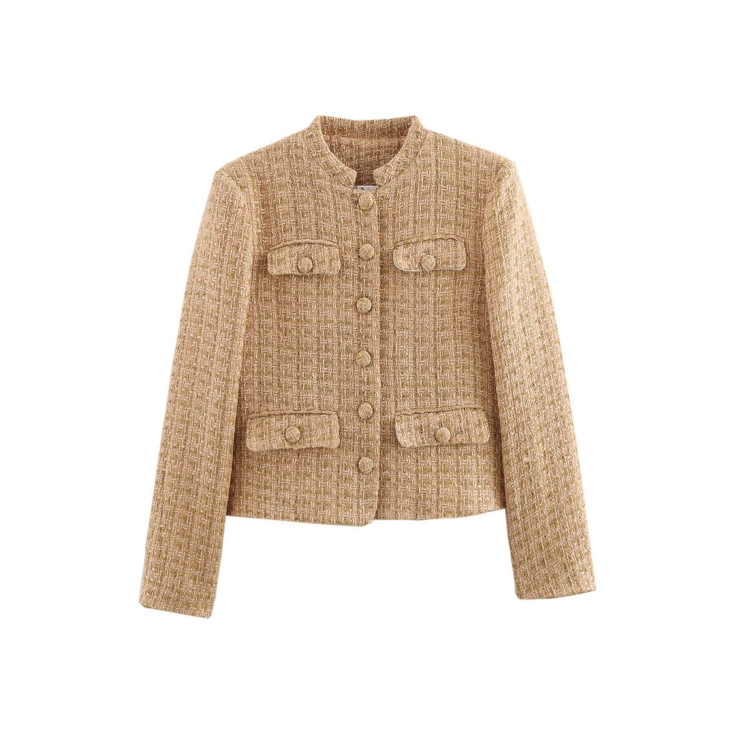 Ladies elegant boucle jacket with gold buttons and applied pockets Amarae
