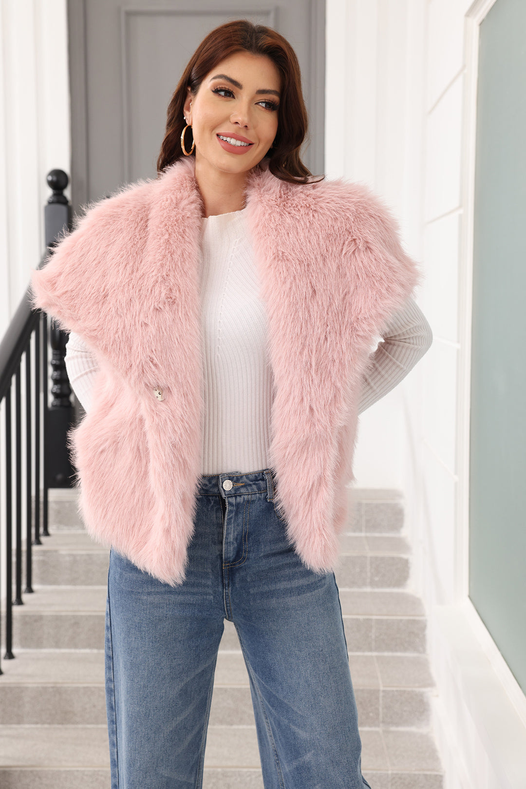 Ladies sleeveless long-pile faux fur vest with voluminous shawl collar Amarae