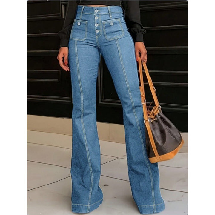 Ladies High-Waisted Flared Jeans with visible center seam, button closure, and patch front pockets Amarae