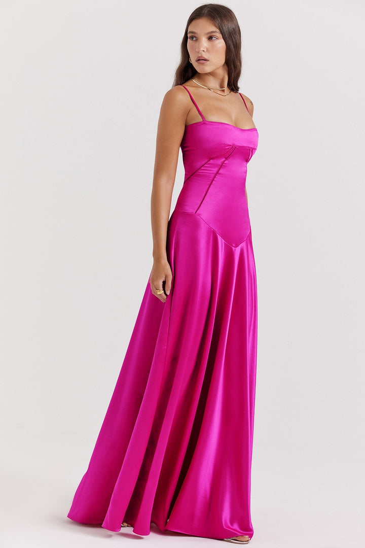 Women's Elegant Maxi Dress with Slim Spaghetti Straps and Flowing Satin Fall Lune London