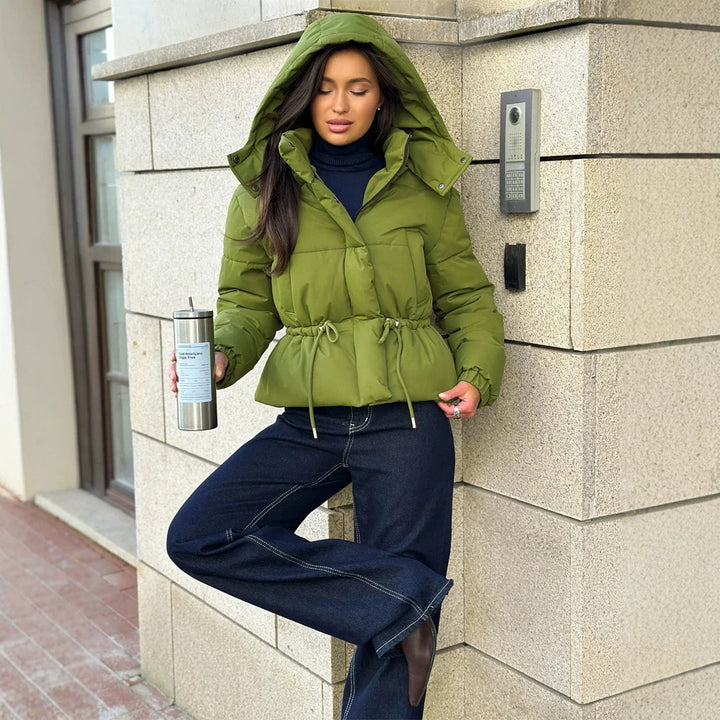 Women’s short padded hooded jacket with waist drawstring and high stand-up collar Amarae