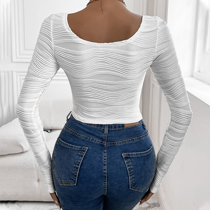 Women's long sleeve top with textured wavy pattern and plunging neckline Lune London