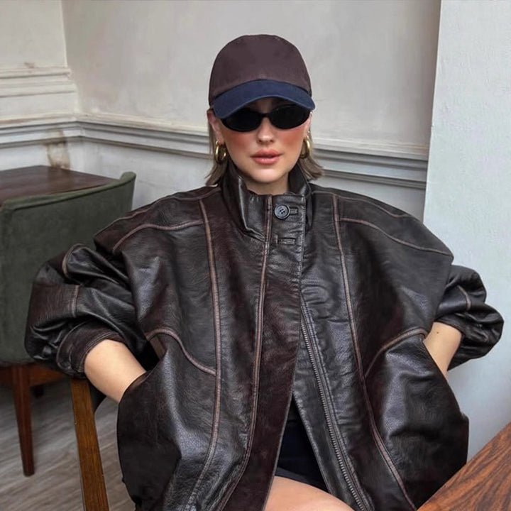 Women Oversize Faux Leather Coat with Distinct Decorative Seams and Stand-Up Collar Amarae