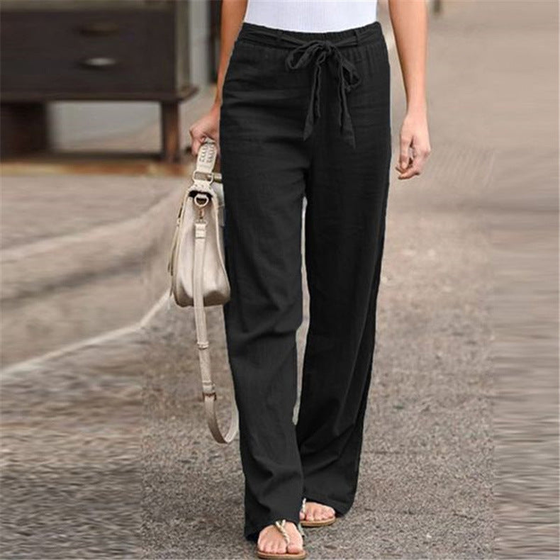 Linen pants for women with elastic waistband and tie belt Lune London