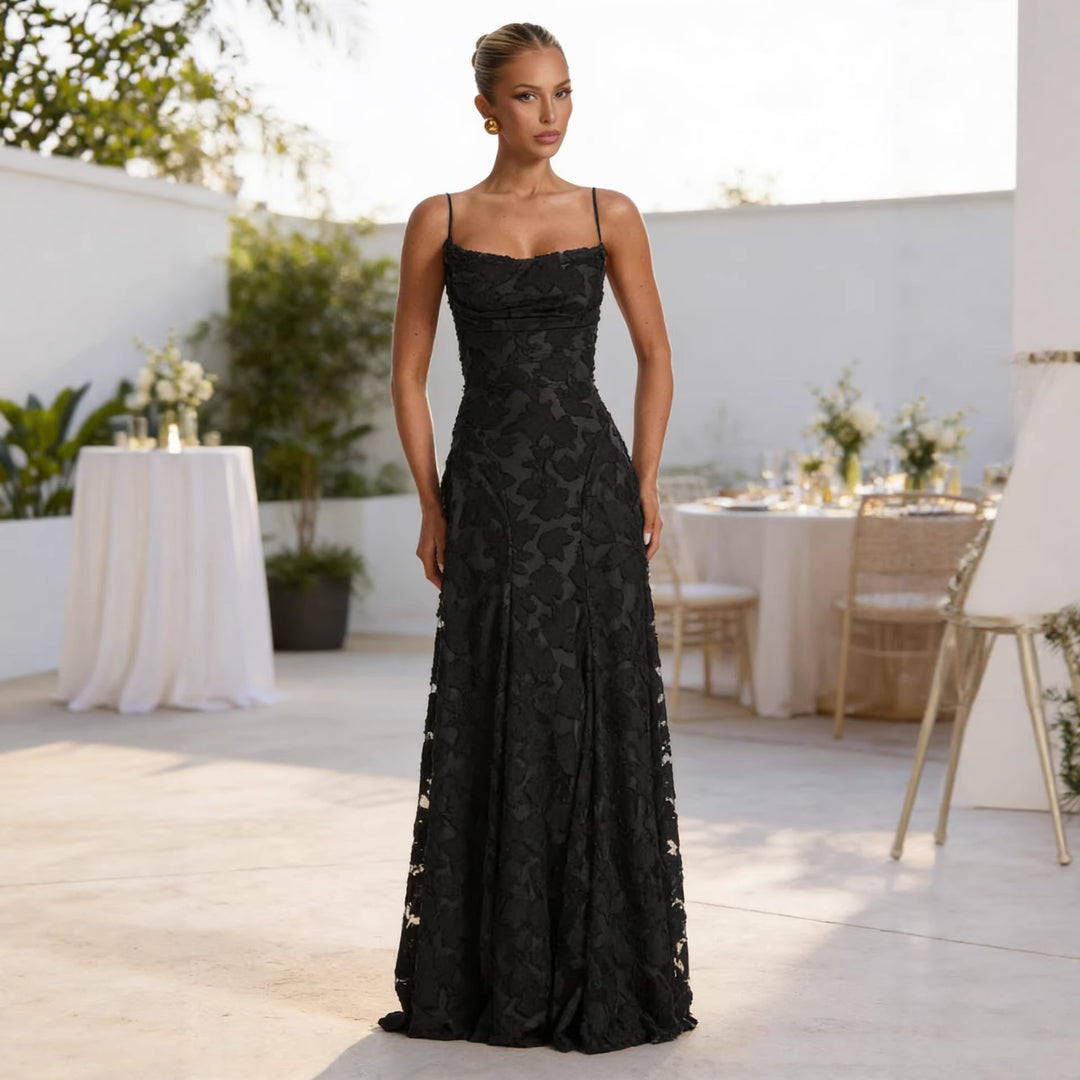 Ladies Elegant Maxi Dress with Floral Lace Design and Adjustable Spaghetti Straps Lune London
