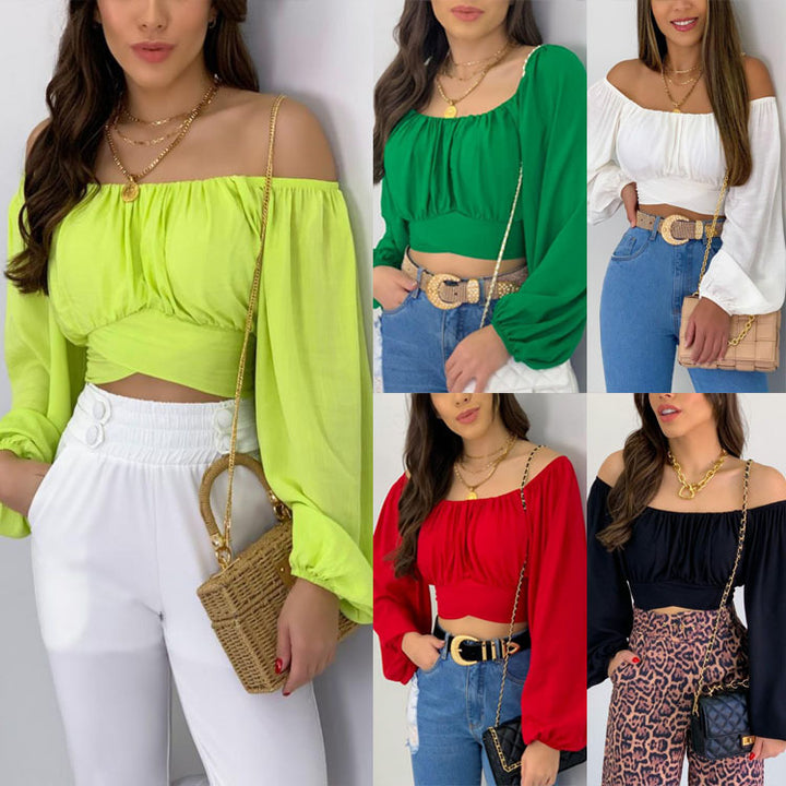 Ladies Off-Shoulder Bell Sleeve Crop Top Lune London