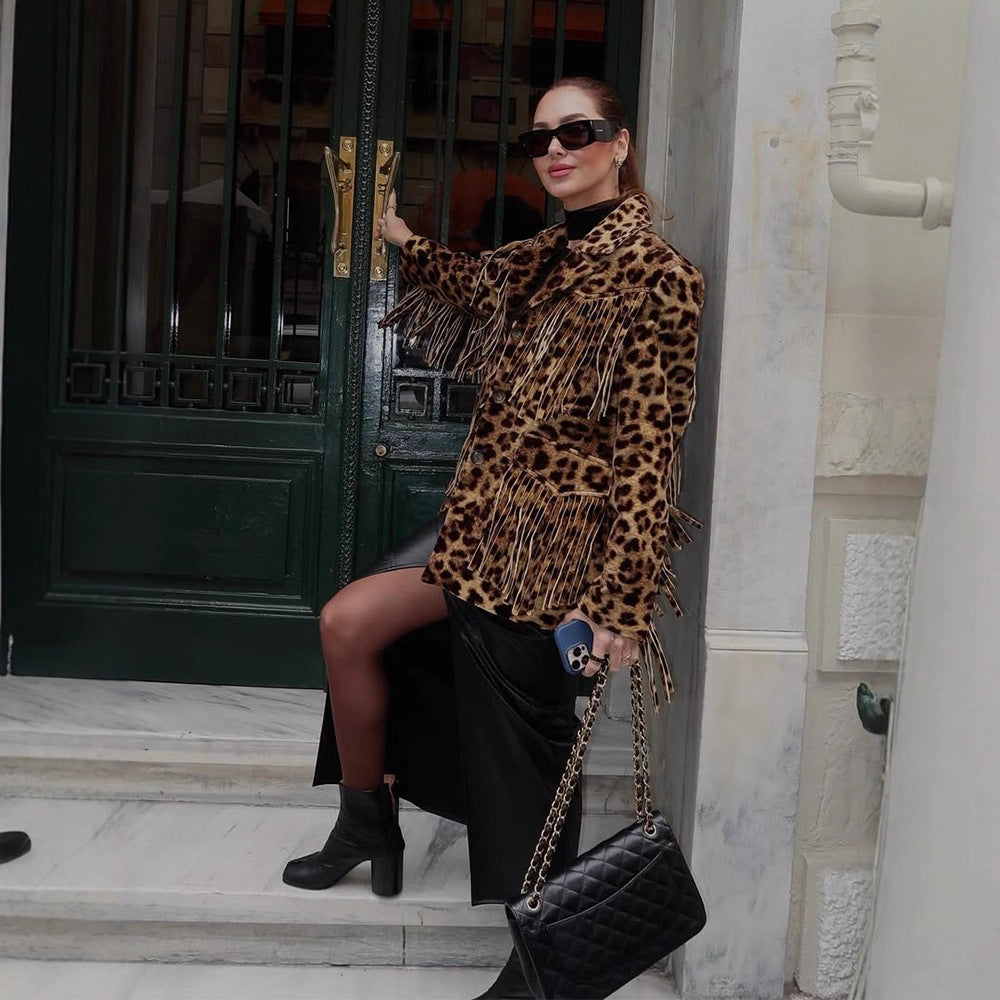 Women Short Faux Fur Blouson with Leopard Print and Fringe Amarae
