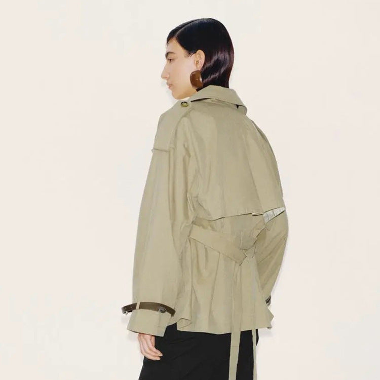 Women Short Boxy Trench Coat with Wide Lapels, Shoulder Straps and Adjustable Cuffs Amarae