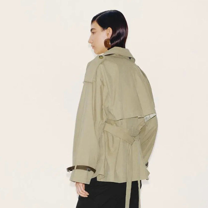 Women Short Boxy Trench Coat with Wide Lapels, Shoulder Straps and Adjustable Cuffs Amarae