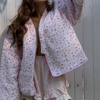 Women's Padded Short Quilted Jacket with Floral Micro Print, Contrast Piping & Boxy Silhouette Amarae