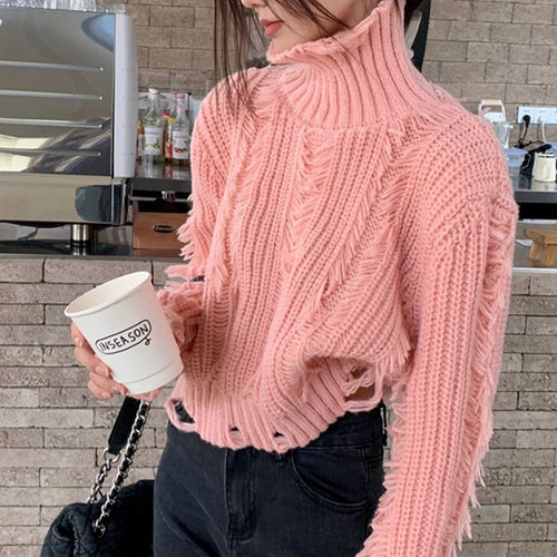 Pull en tricot épais pour femmes avec col montant et franges modernes Chic & Stil