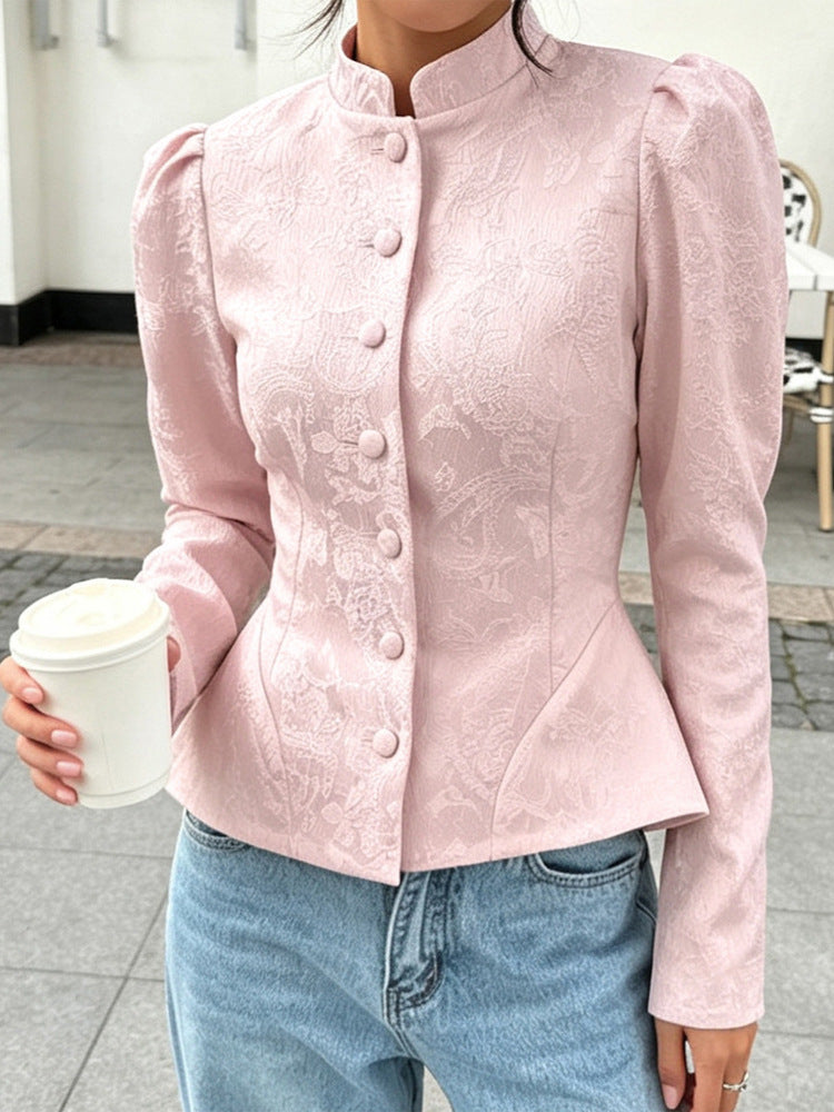 Women tailored jacquard blouse with stand-up collar and decorative button placket Amarae