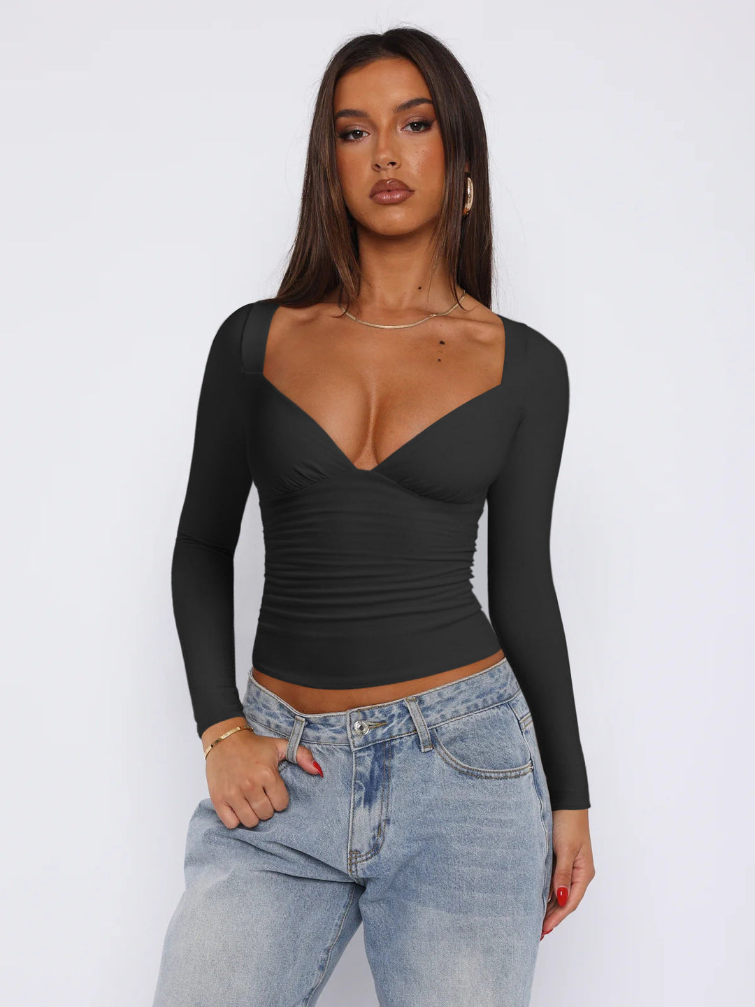 Women Fitted Long-Sleeve Top with V-Neckline and Gathers Lune London