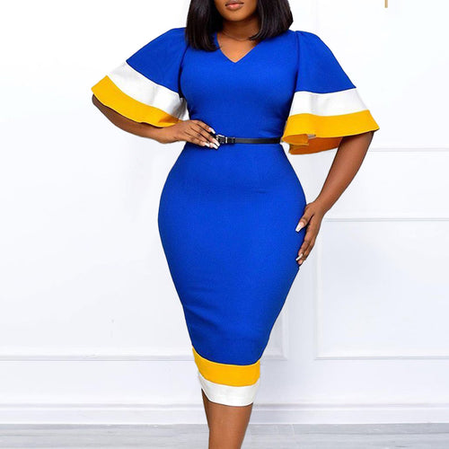 Ladies Elegant V Neck Dress with Contrasting Flutter Sleeves and Chic Waist Belt