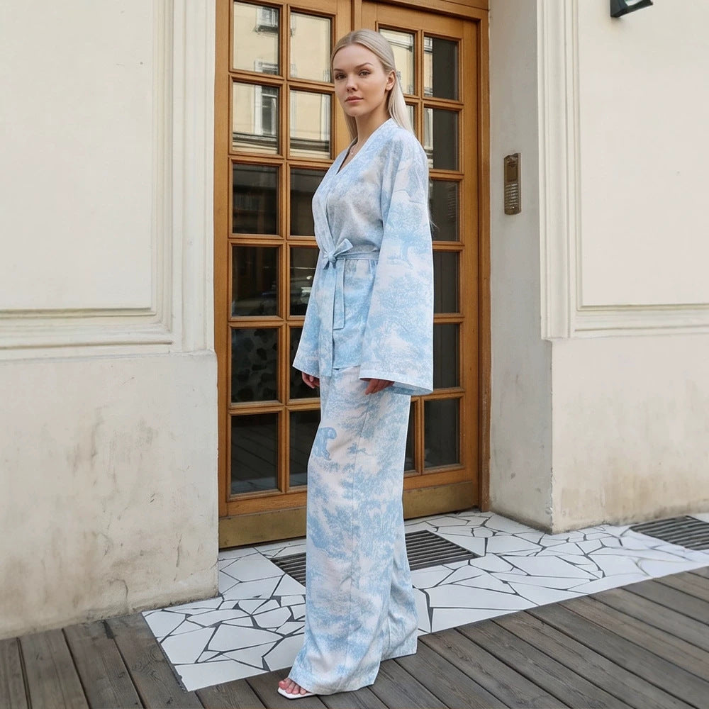 Women's Two-Piece Wrap Set in Kimono Style with Wide Leg Amarae