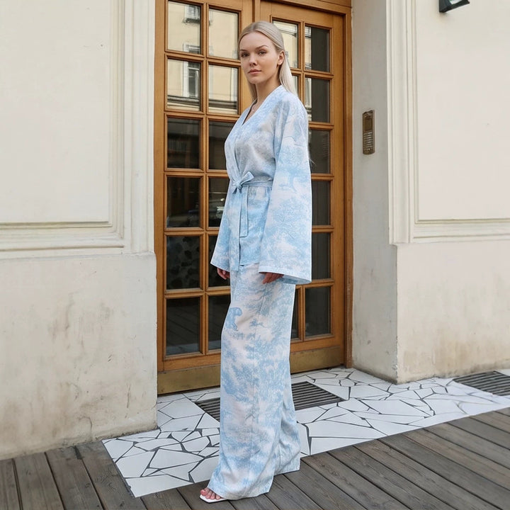 Women's Two-Piece Wrap Set in Kimono Style with Wide Leg Amarae