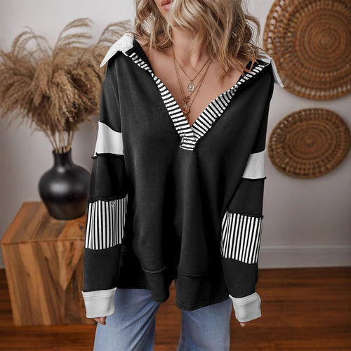 Comfortable sweater for women with a shirt collar and striped sleeves Amarae