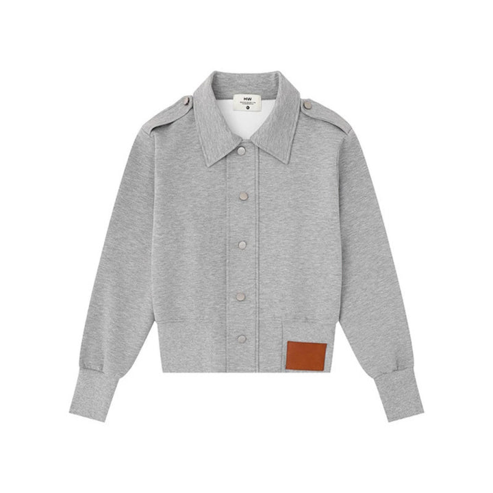 Women's Short Cut Sweat Jacket with Shirt Collar Epaulettes and Leather Patch Amarae