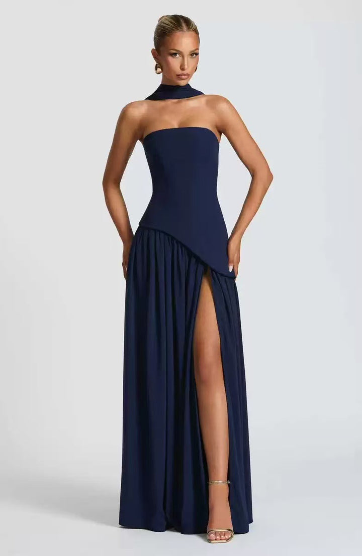 Ladies Floor-Length Maxi Dress with Shoulder-Free Design and Elegant Slit