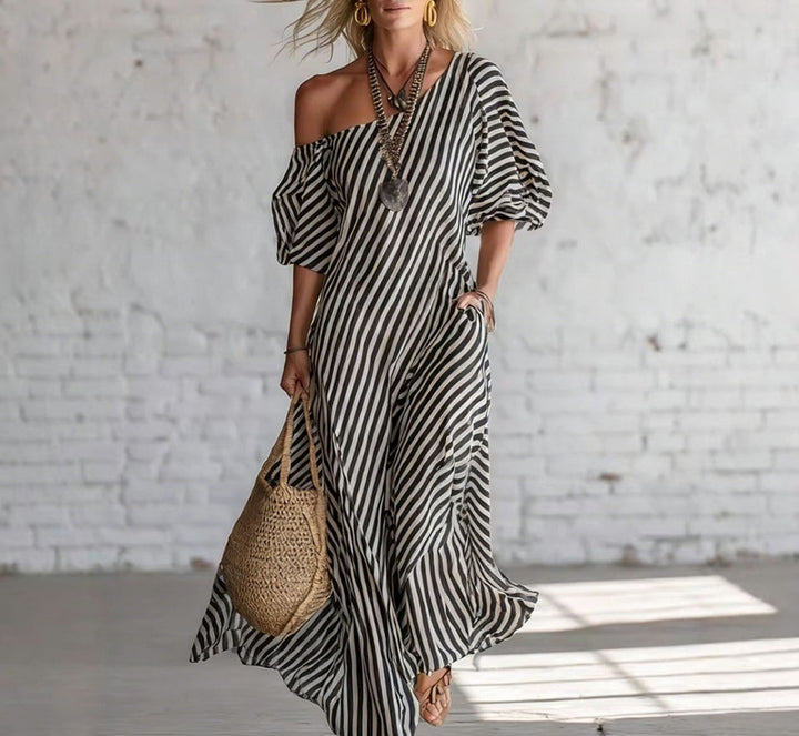 Women's maxi dress with asymmetric cut and striking stripes Lune London