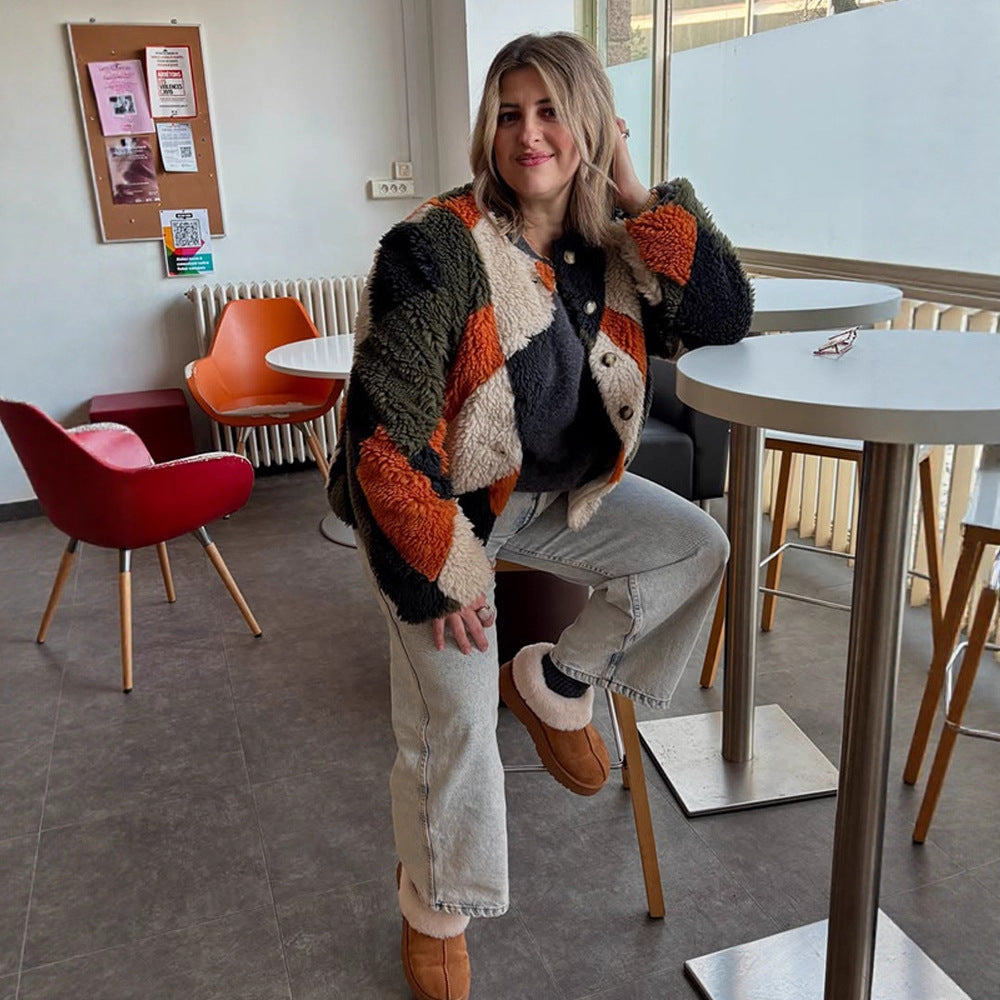 Women Short-Cut Patchwork Teddy Jacket with Textured Loop Fiber and Snap Button Placket Amarae