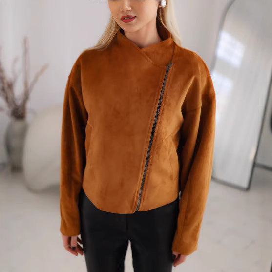 Trendy short jacket for women with a casual biker style featuring an asymmetrical zipper and a large collar Lune London