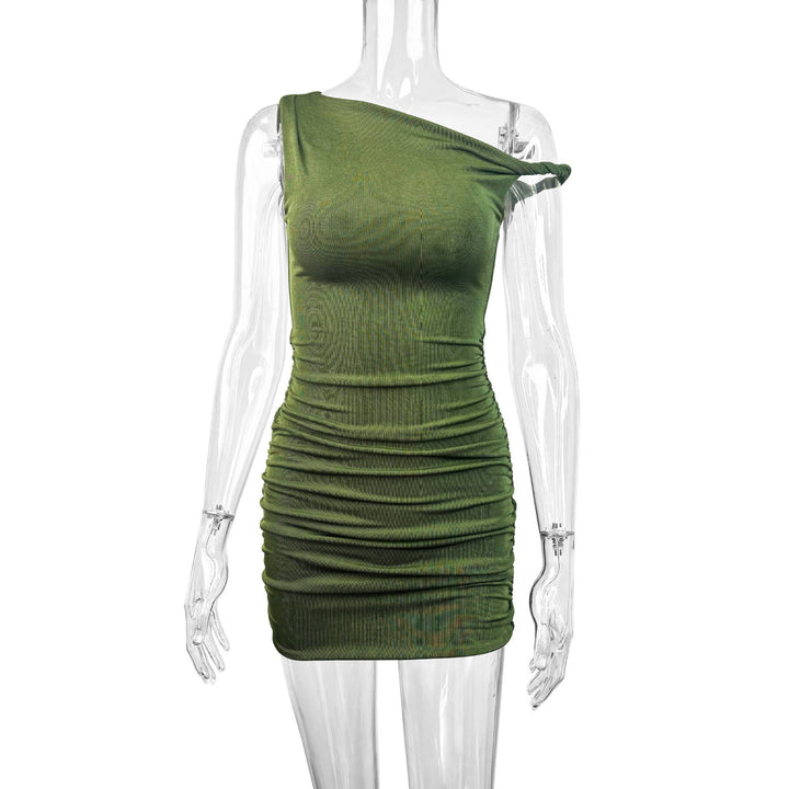 Women's gathered mini dress with asymmetrical neckline and figure-hugging fit Lune London