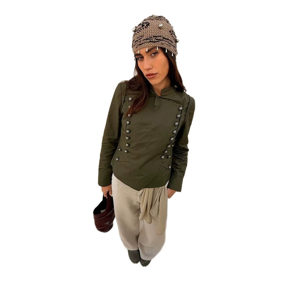 Women's Military-Inspired Short Jacket with Stand-Up Collar and Decorative Button Placket Amarae