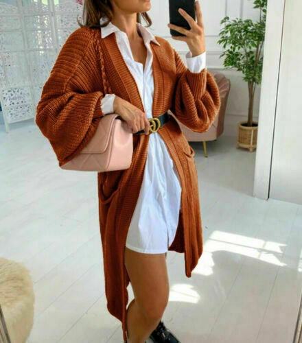 Ladies long cardigan with a chunky knit structure and practical pockets Lune London