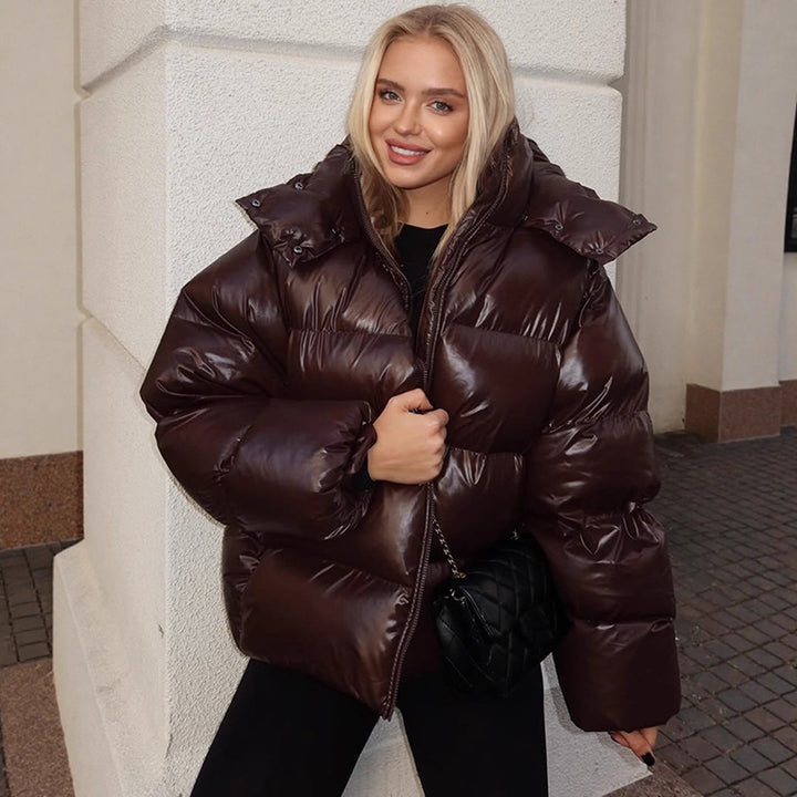 Women's Oversized Puffer Jacket in Patent Look with High Collar and Padded Lining Amarae