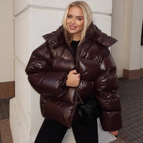 Women's Oversized Puffer Jacket in Patent Look with High Collar and Padded Lining Amarae