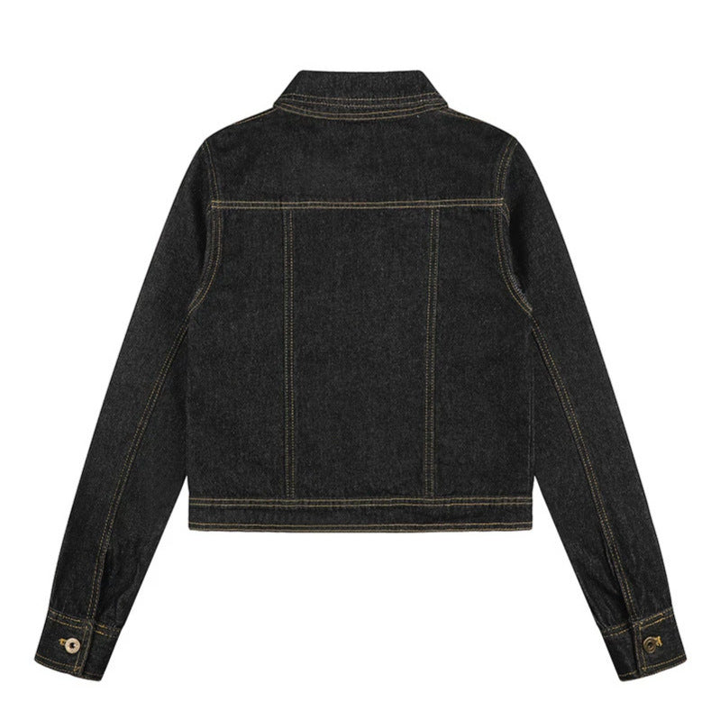 Women's Short Boxy Denim Jacket with Contrast Stitching and Chest Pockets Amarae