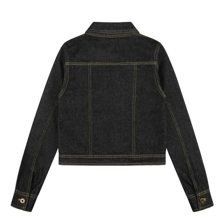 Women's Short Boxy Denim Jacket with Contrast Stitching and Chest Pockets Amarae