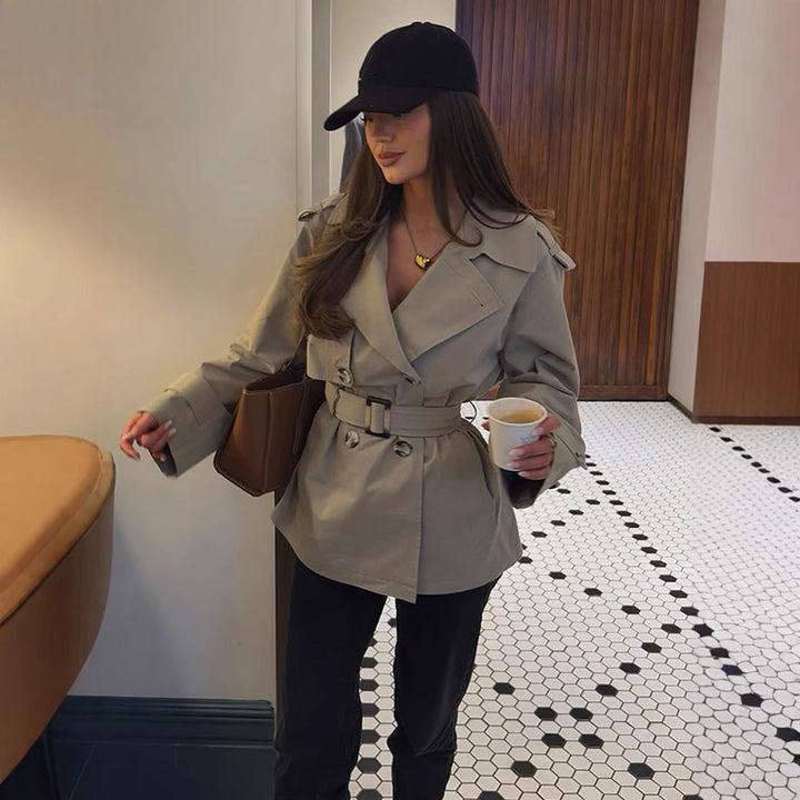 Women Short Tailored Trench Coat with Belt and Epaulettes Amarae