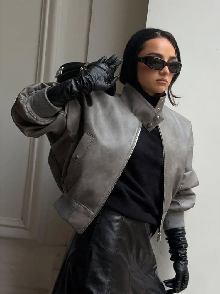 Women Short Oversized Faux Leather Bomber with High Stand-Up Collar and Snap Button Details Amarae