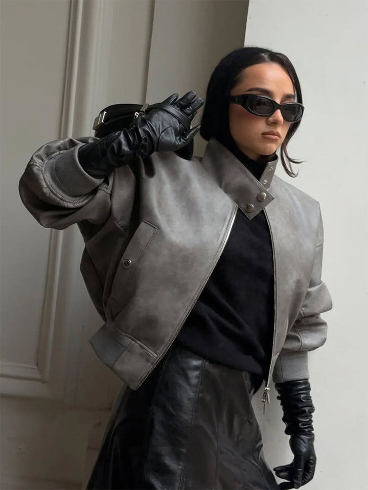 Women Short Oversized Faux Leather Bomber with High Stand-Up Collar and Snap Button Details Amarae